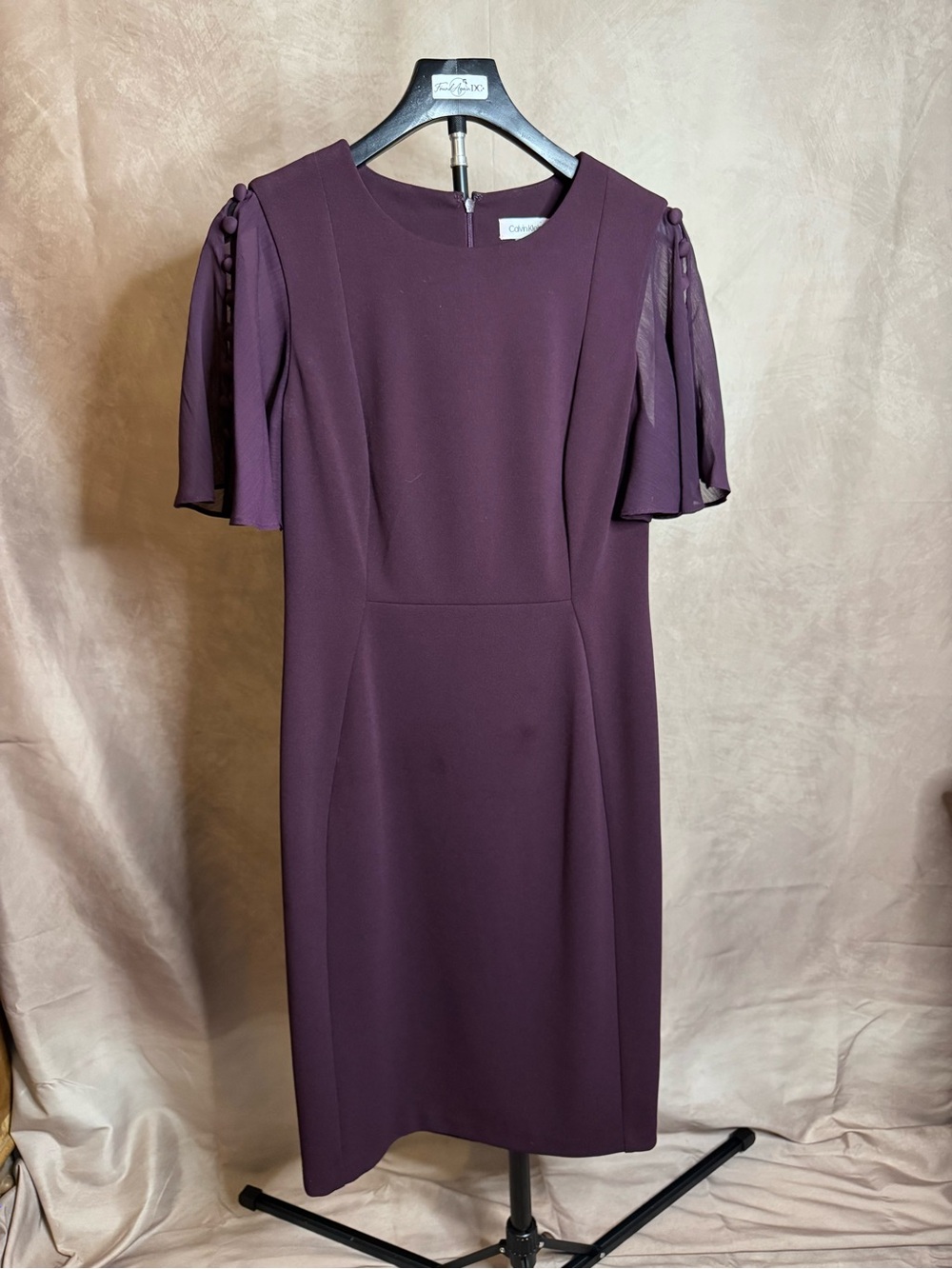 Calvin Klein Aubergine Chiffon Flutter Sleeve Sheath Dress Size 8